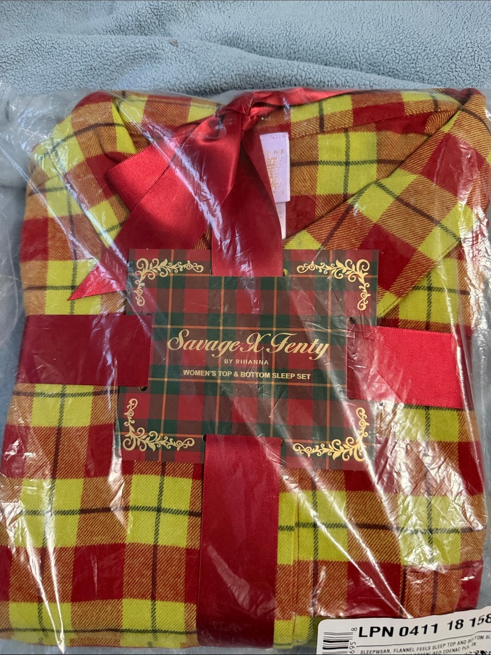 Savage X Fenty Red & Green  Plaid Sleep Set with Satin Ribbon